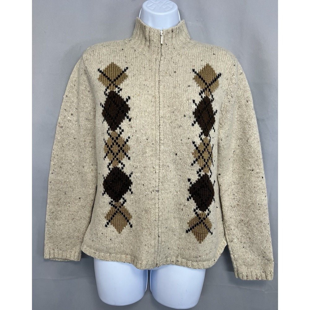 VTG Eddie Bauer 100% Wool Full Zip Up Argyle Knit Sweater Sz Medium Beige Y2K
